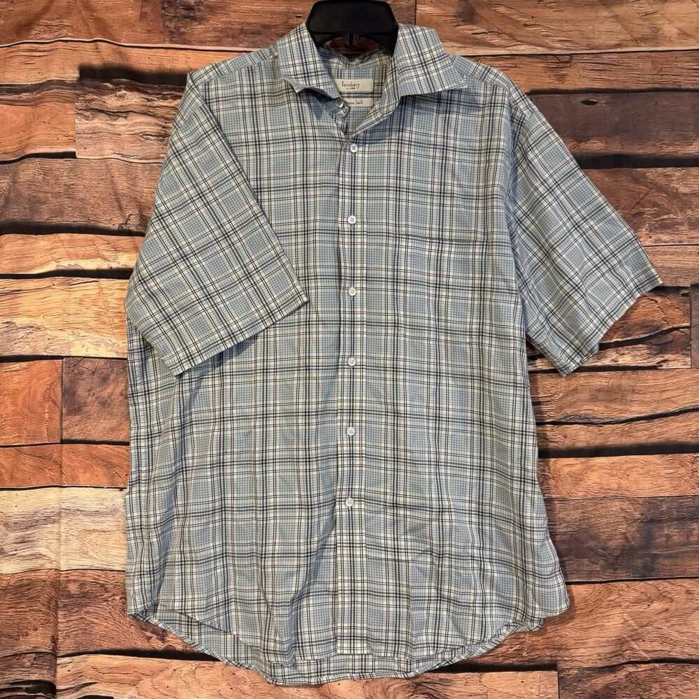 Turnbury Mens L Short Sleeve Plaid Button Up Shirt Casual Cotton Twill Blue Gray